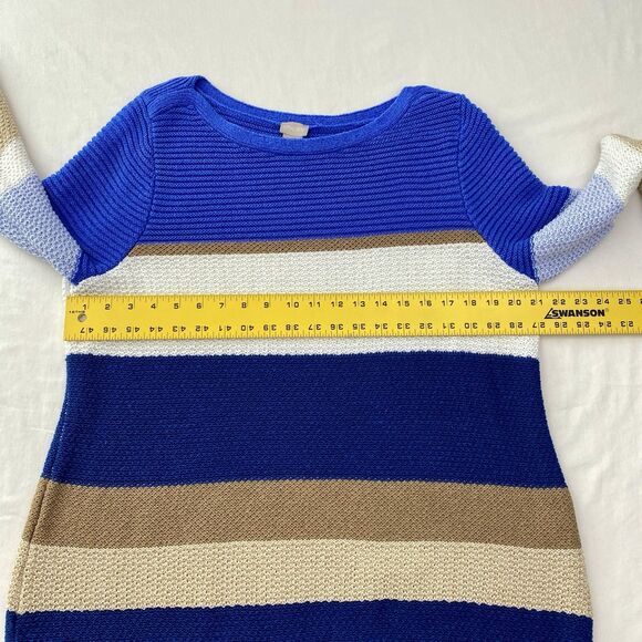 Chicos Striped Sweater 3/4 Sleeve Pullover Knit Blue White Tan Size XL 3 - Picture 6 of 8